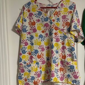 Colorful Handprint Print V-Neck Scrub Top